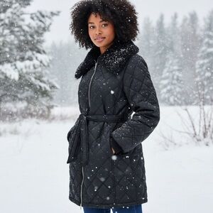 Women's Black Quilted Coat with Faux Fur Collar